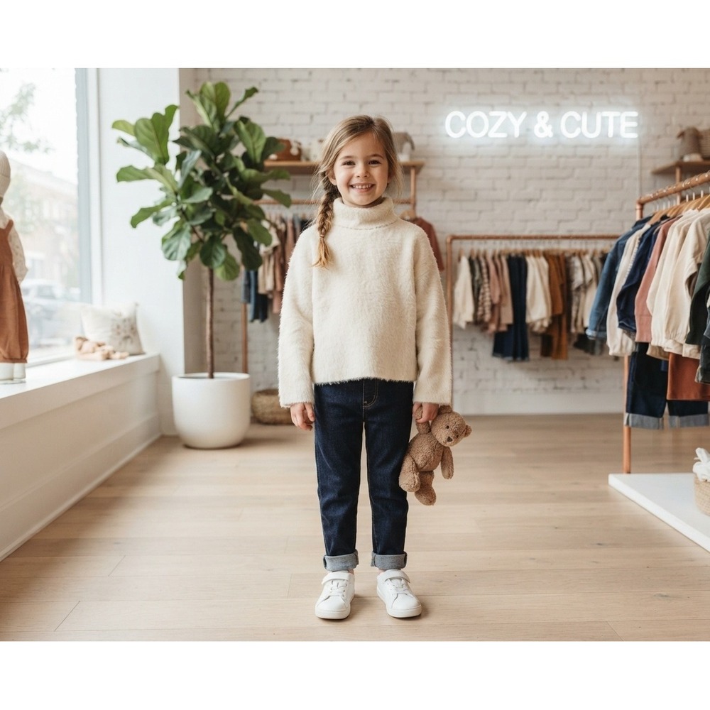 Zara Turtleneck Sweater Kids Size 6 Cream Excellent Fuzzy Knit Long Sleeve